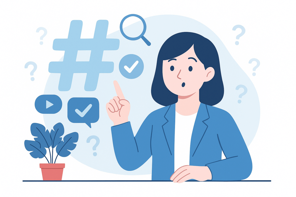 Woman pointing at a hashtag icon with search and checkmark symbols around her.