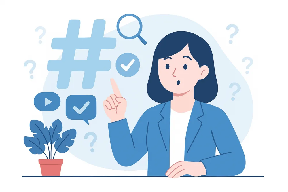 Woman pointing at a hashtag icon with search and checkmark symbols around her.