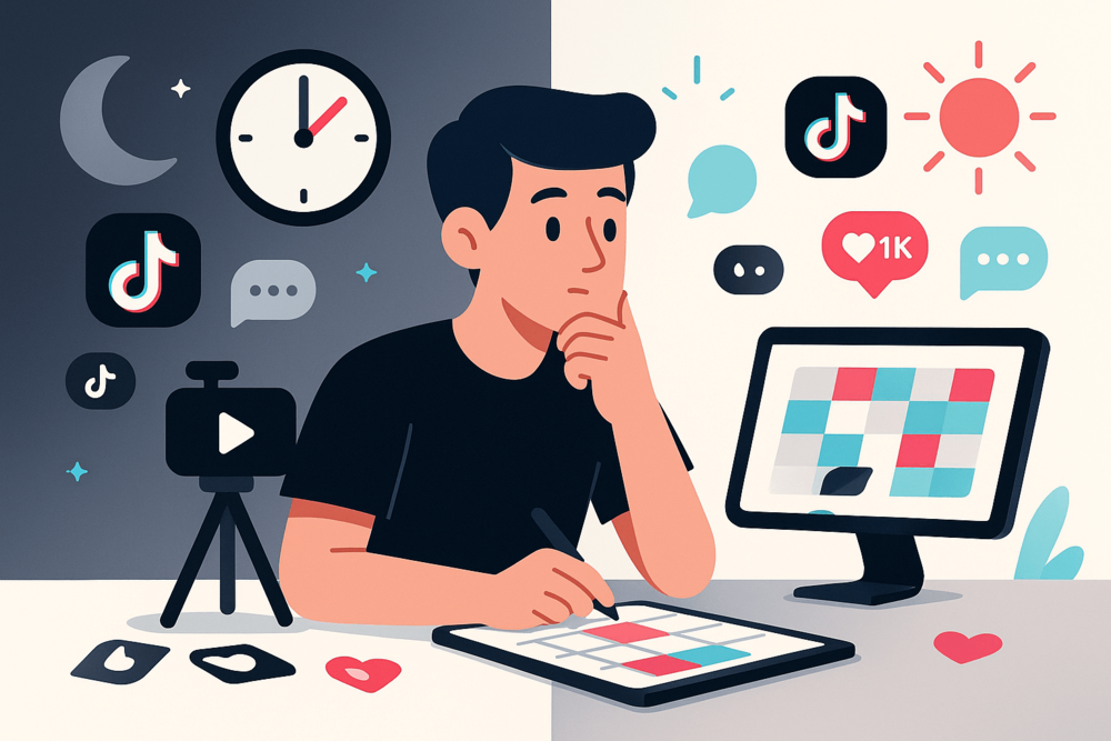 Vector illustration of a creator comparing night and day posting times with TikTok icons, clock, and calendar.