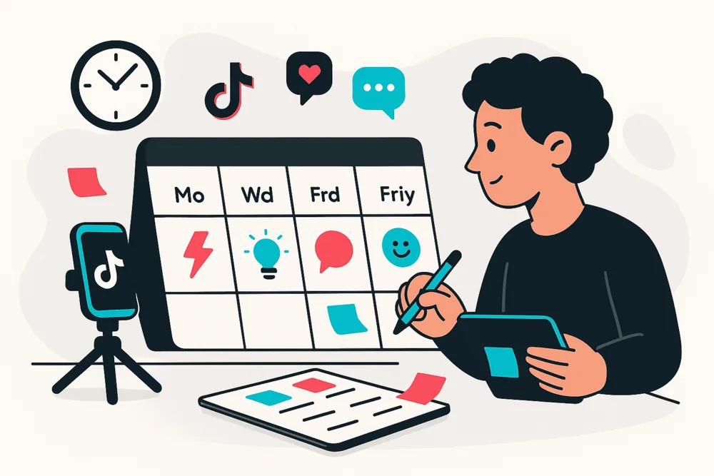 Vector illustration of a creator organizing a weekly TikTok schedule with icons for different content types.