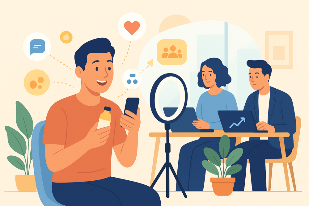 Creator filming content while team reviews analytics in a modern office.