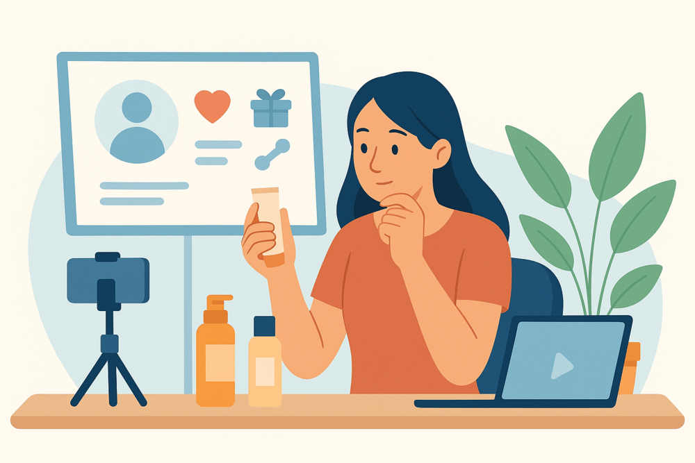 Creator reviewing skincare products at a desk while considering a brand deal.