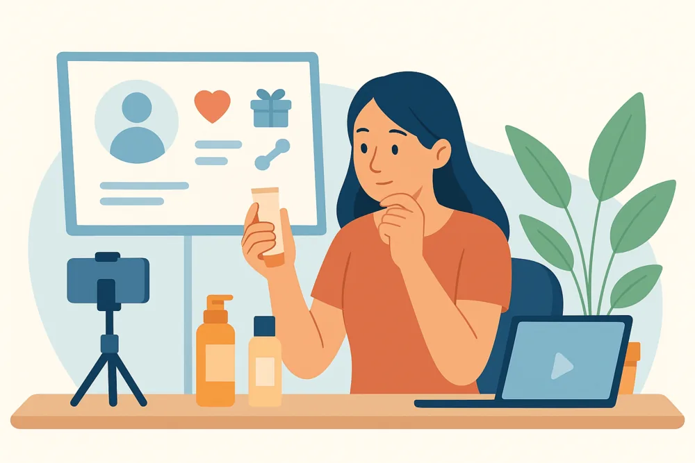 Creator reviewing skincare products at a desk while considering a brand deal.