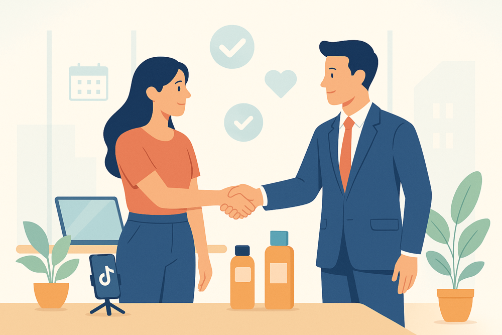 TikTok creator and brand representative shaking hands in a modern office.