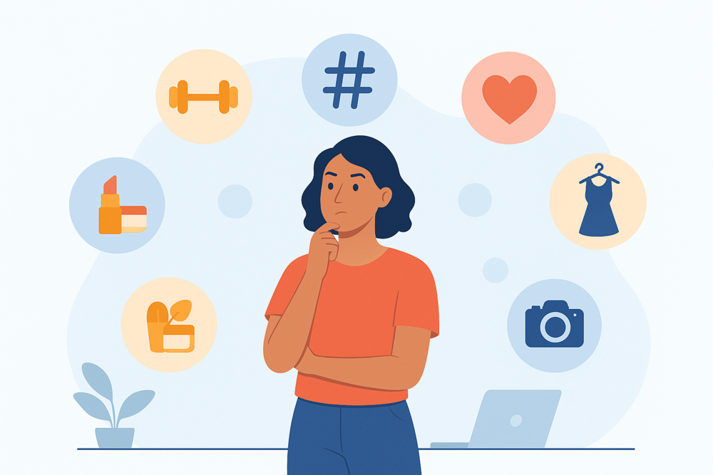 Creator exploring niche ideas on a laptop with floating content icons.