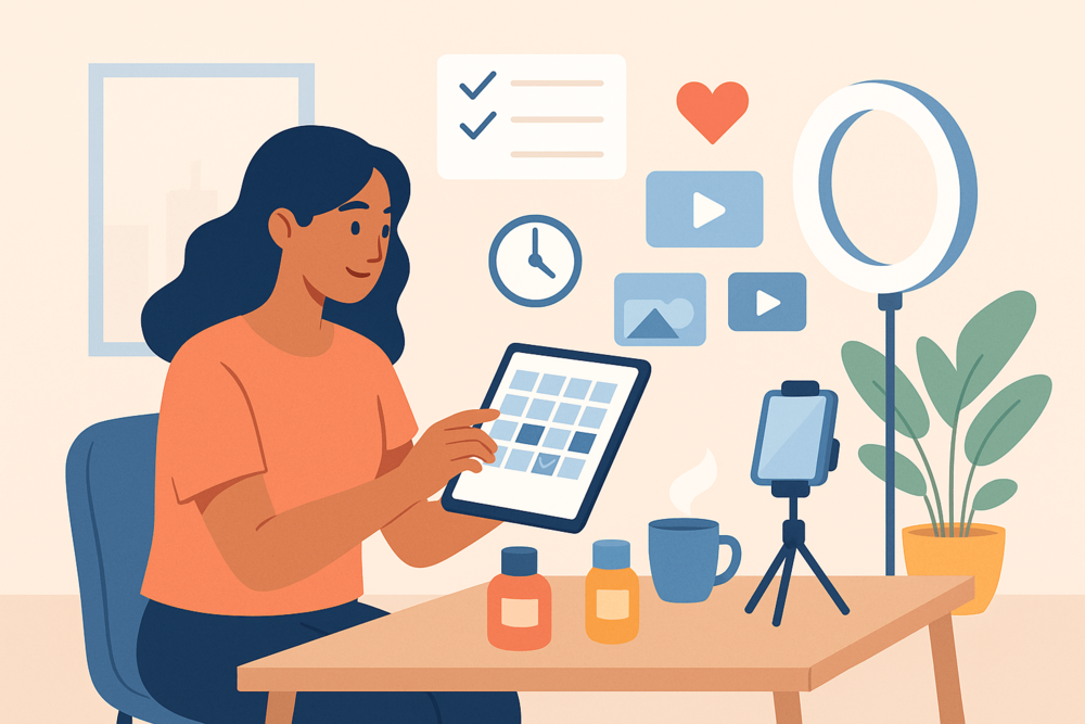 Creator planning a content calendar with floating video and schedule icons.