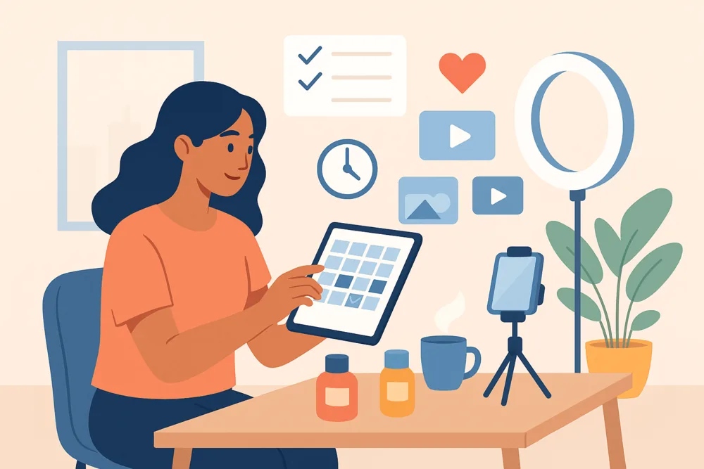 Creator planning a content calendar with floating video and schedule icons.