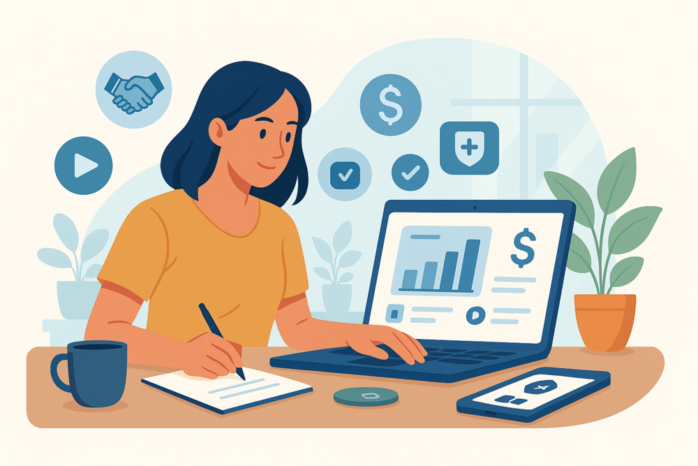 Creator reviewing brand deal rates and writing notes at her desk.