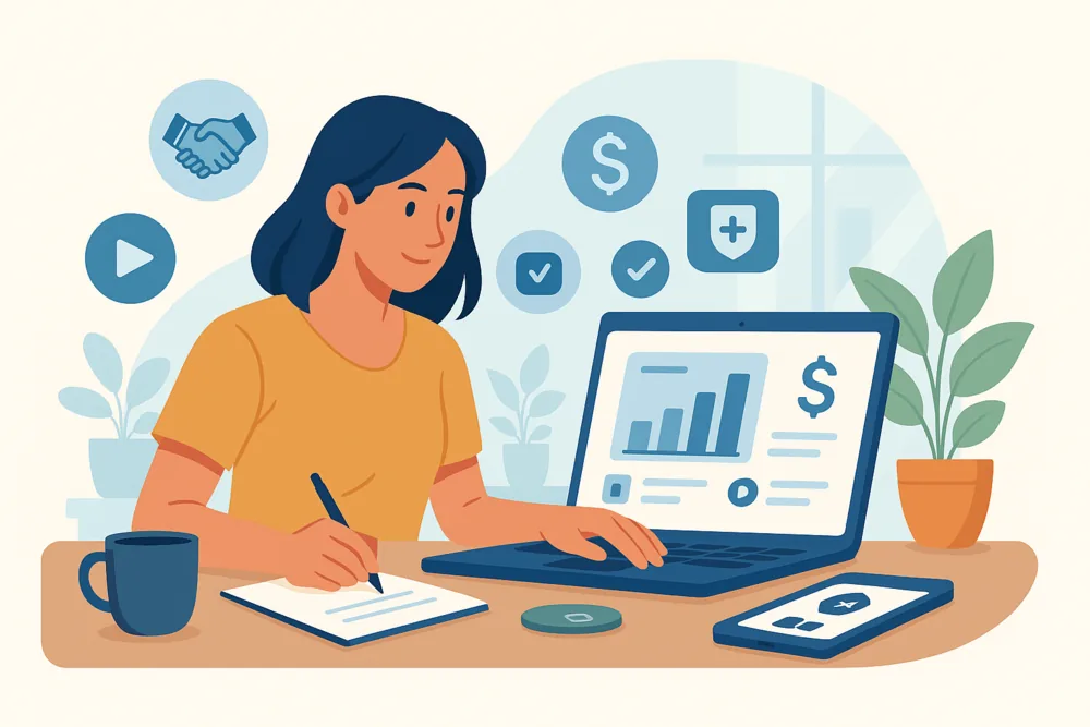 Creator reviewing brand deal rates and writing notes at her desk.