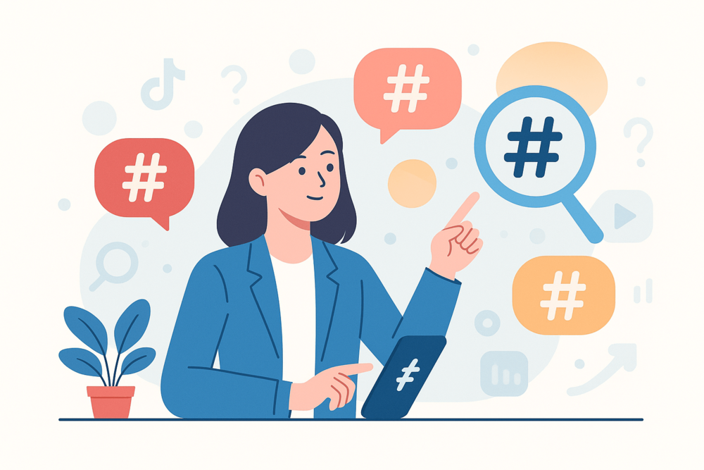 Woman pointing at a hashtag under a magnifying glass, with more hashtags floating around her.