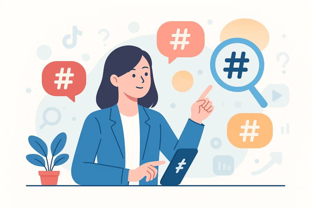Woman pointing at a hashtag under a magnifying glass, with more hashtags floating around her.