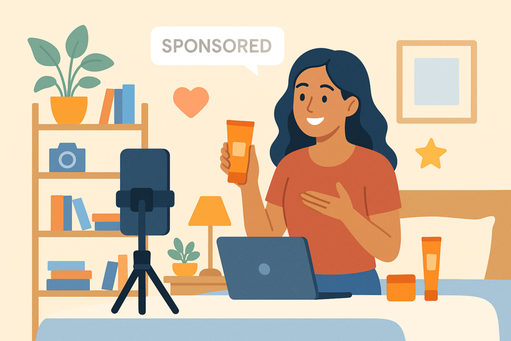 Creator filming a sponsored TikTok video in a cozy bedroom setup.