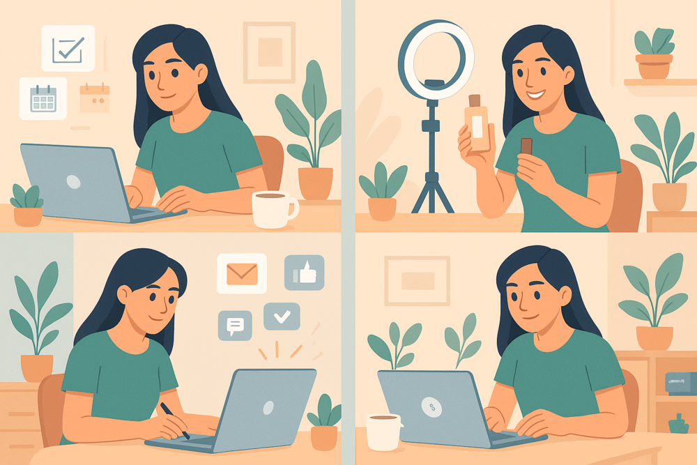 Four-panel illustration showing a creator reviewing a brief, filming content, sending updates, and tracking brand deal payments.