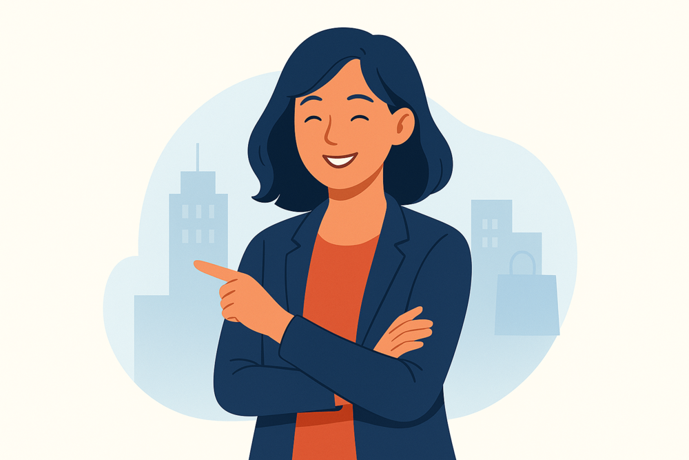 Smiling creator pointing confidently while standing in front of city buildings.