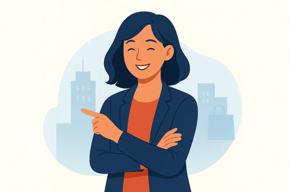 Smiling creator pointing confidently while standing in front of city buildings.