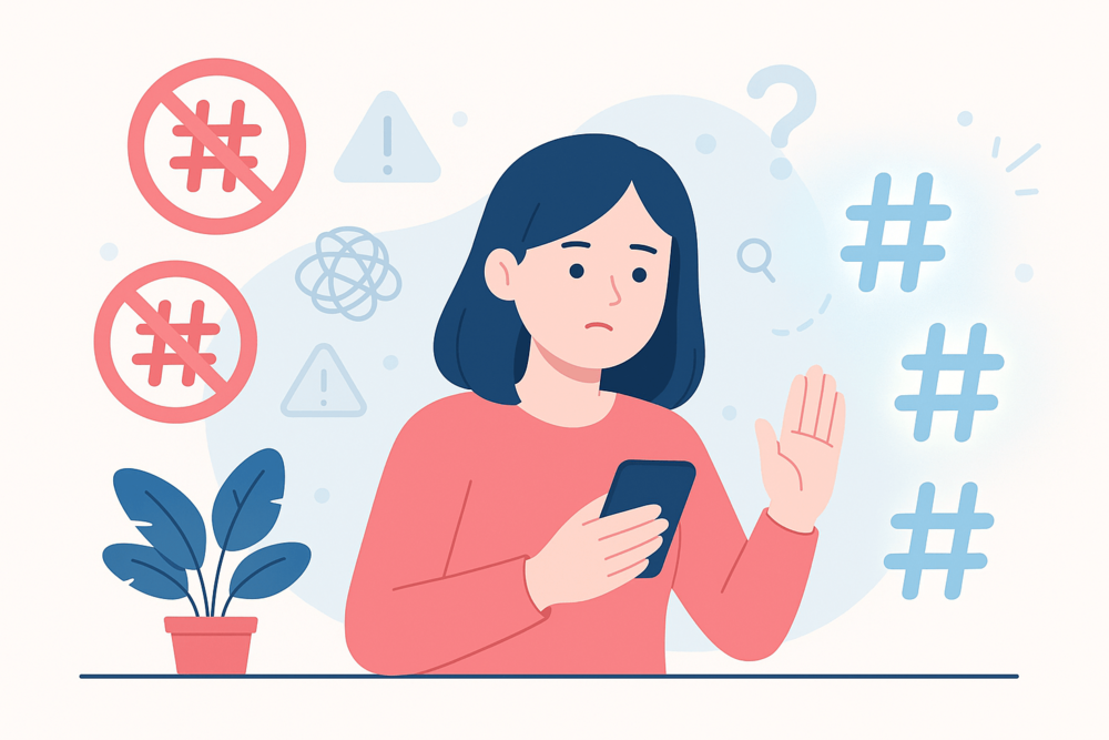 Woman holding her phone and raising her hand near crossed-out hashtags, warning signs, and cleaner hashtag symbols