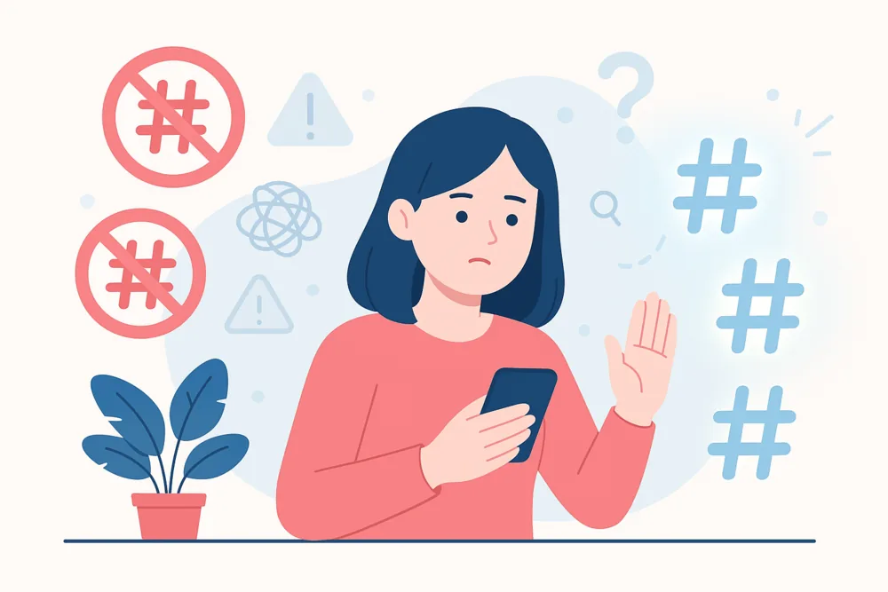 Woman holding her phone and raising her hand near crossed-out hashtags, warning signs, and cleaner hashtag symbols