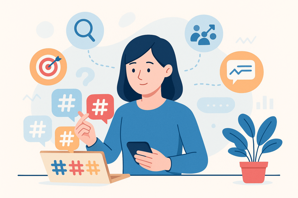 Woman organizing hashtags on a laptop, surrounded by icons for targeting, search, community, and analytics.