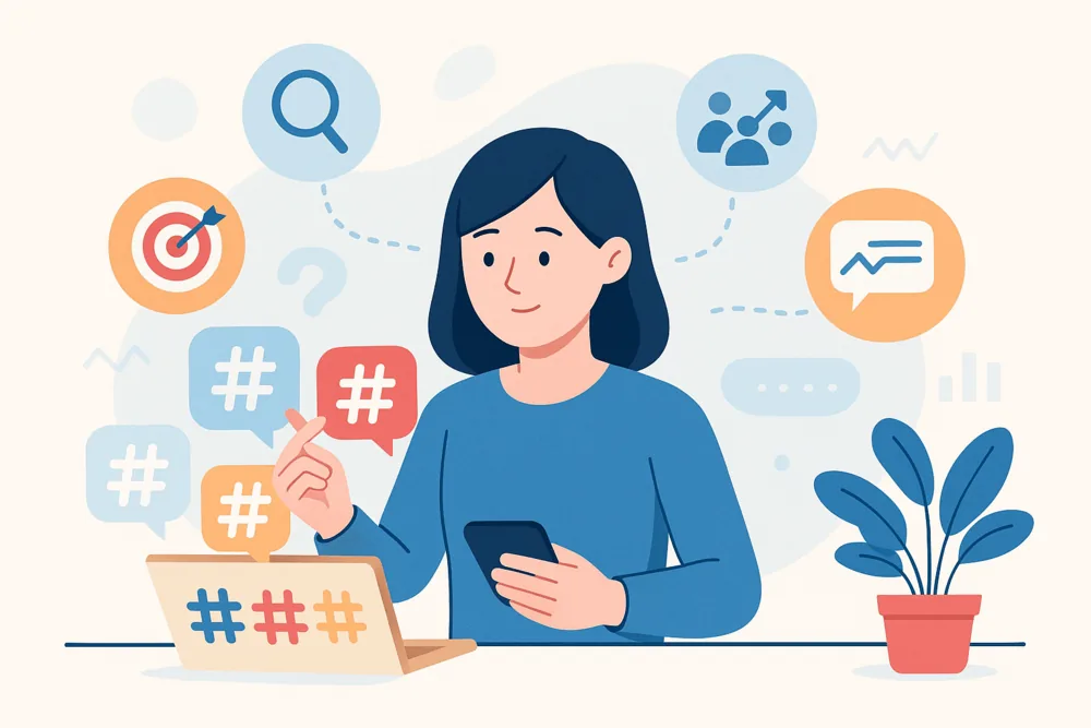 Woman organizing hashtags on a laptop, surrounded by icons for targeting, search, community, and analytics.
