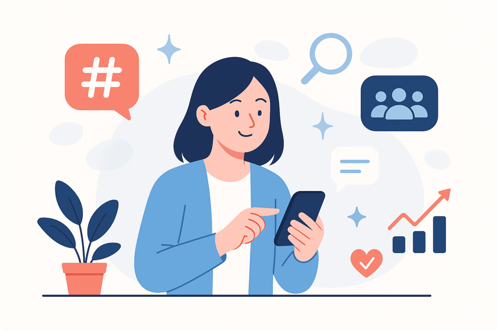 Woman smiling at her phone, surrounded by icons for hashtags, search, growth, and audience.