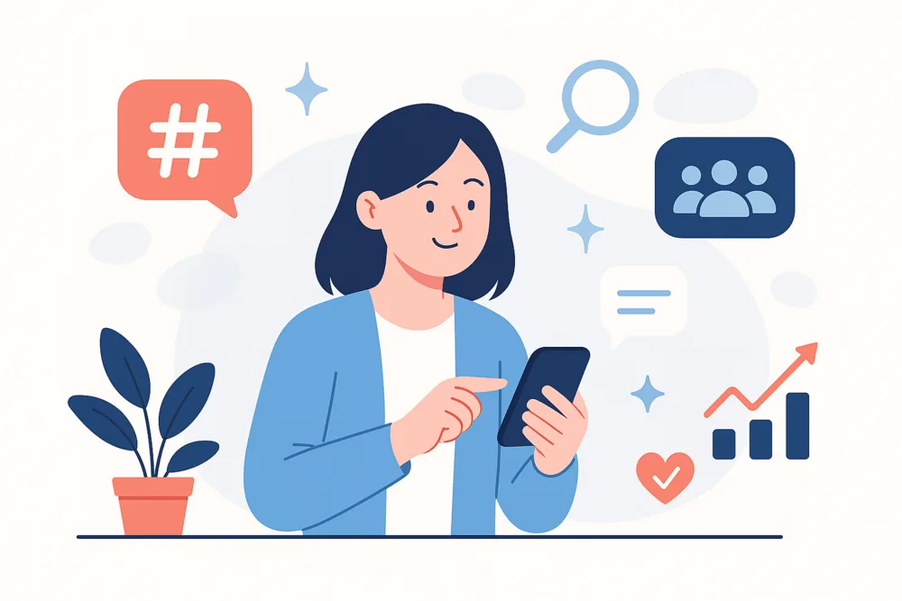 Woman smiling at her phone, surrounded by icons for hashtags, search, growth, and audience.