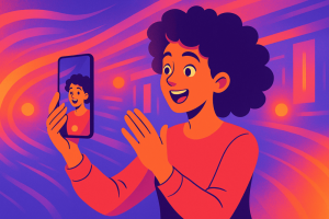 Illustration of a smiling woman filming a Reel on her phone with vibrant Instagram-style colors and abstract motion in the background.