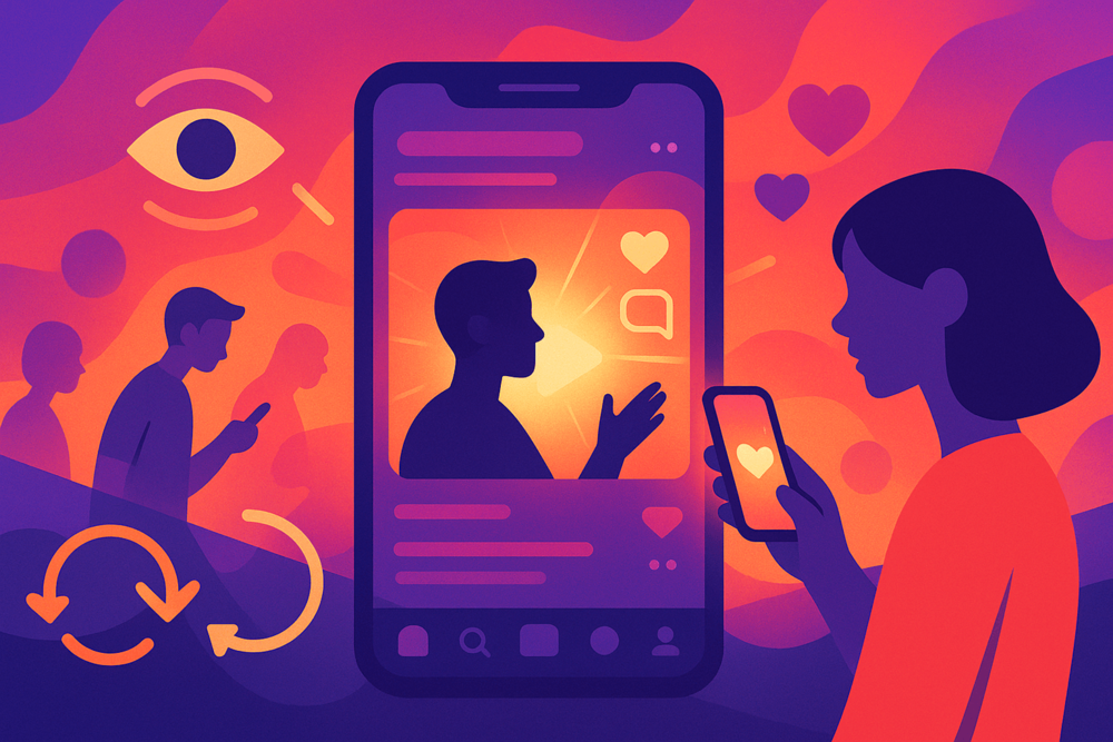 Illustration of a standout Instagram Reel glowing on a phone screen while viewers scroll by, with engagement icons and abstract eye and loop symbols around it.