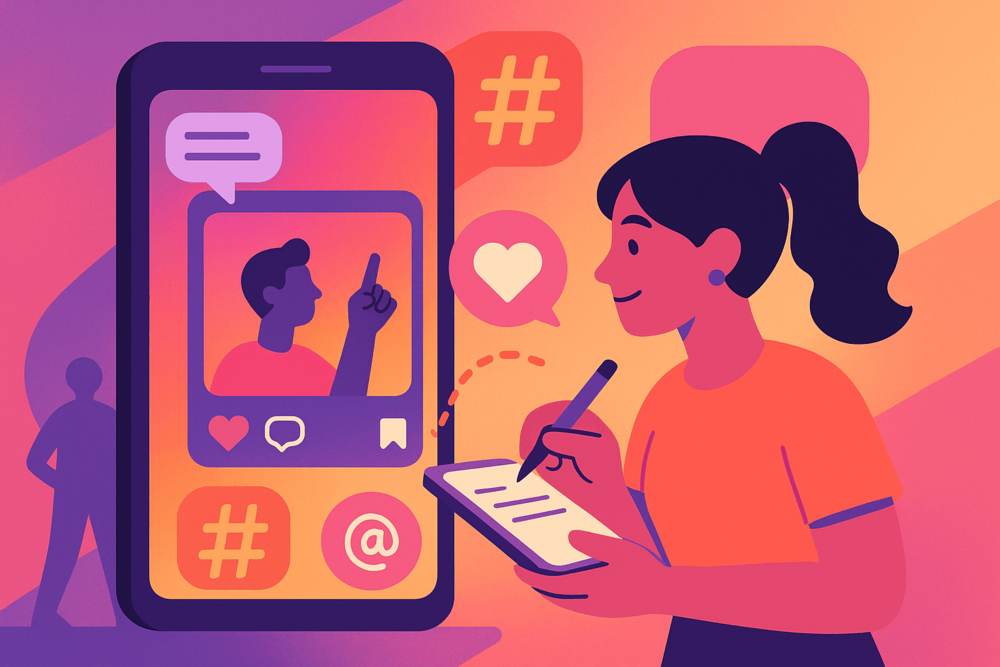 Illustration of a woman writing on a tablet while planning captions and hashtags for an Instagram Reel, with floating icons like hearts, hashtags, and speech bubbles.