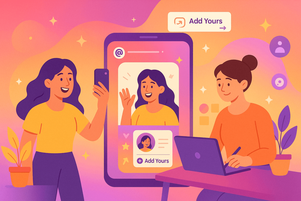 Two creators working on an Instagram Story with the âAdd Yoursâ sticker.