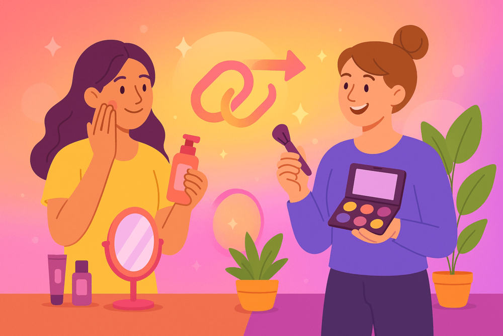 Two beauty creators from different niches collaborating together.