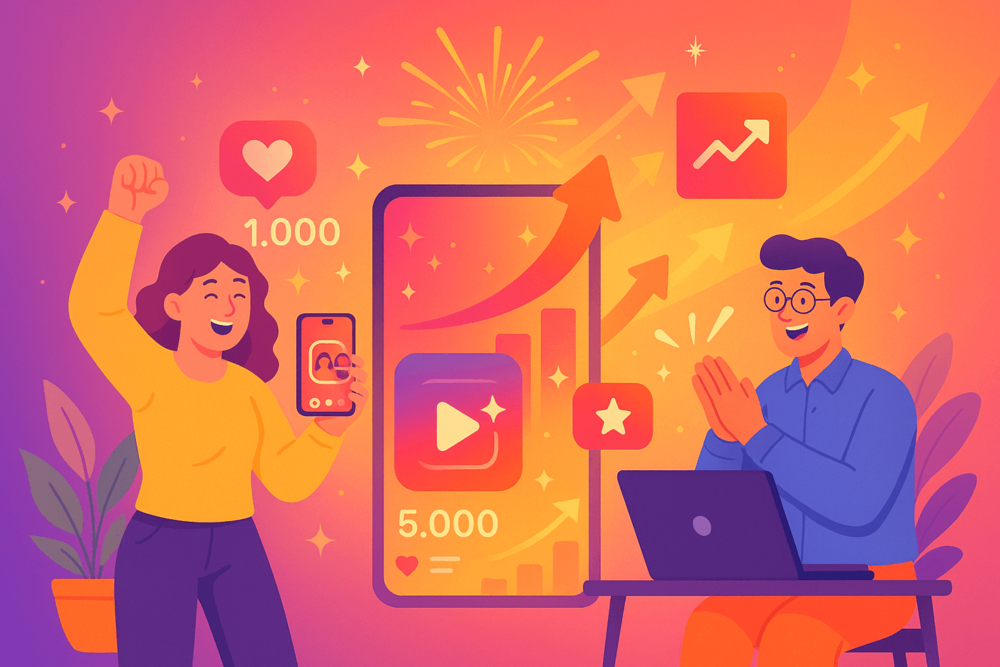 Two people celebrating high engagement and growth on an Instagram Reel.