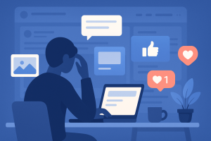 Person at desk planning Facebook posts with engagement icons floating around.