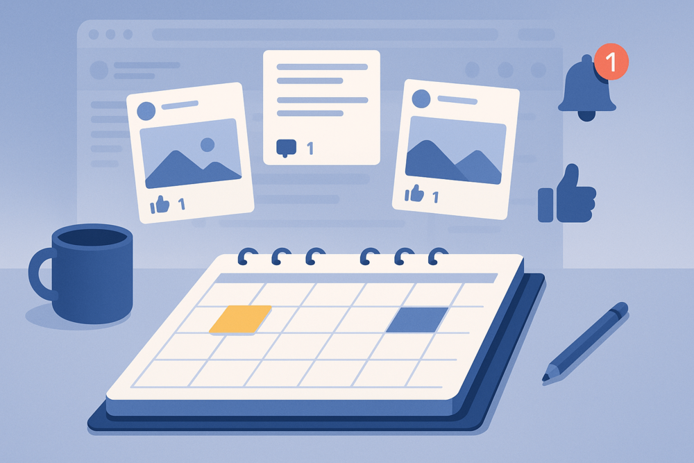 Desk with calendar, coffee mug, and Facebook post previews floating above.