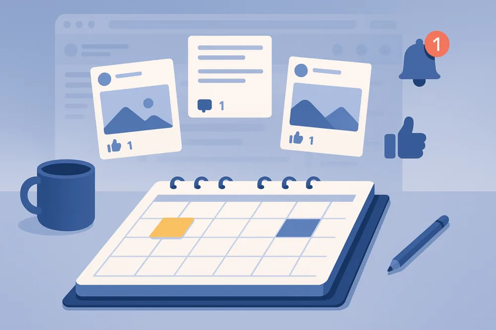 Desk with calendar, coffee mug, and Facebook post previews floating above.