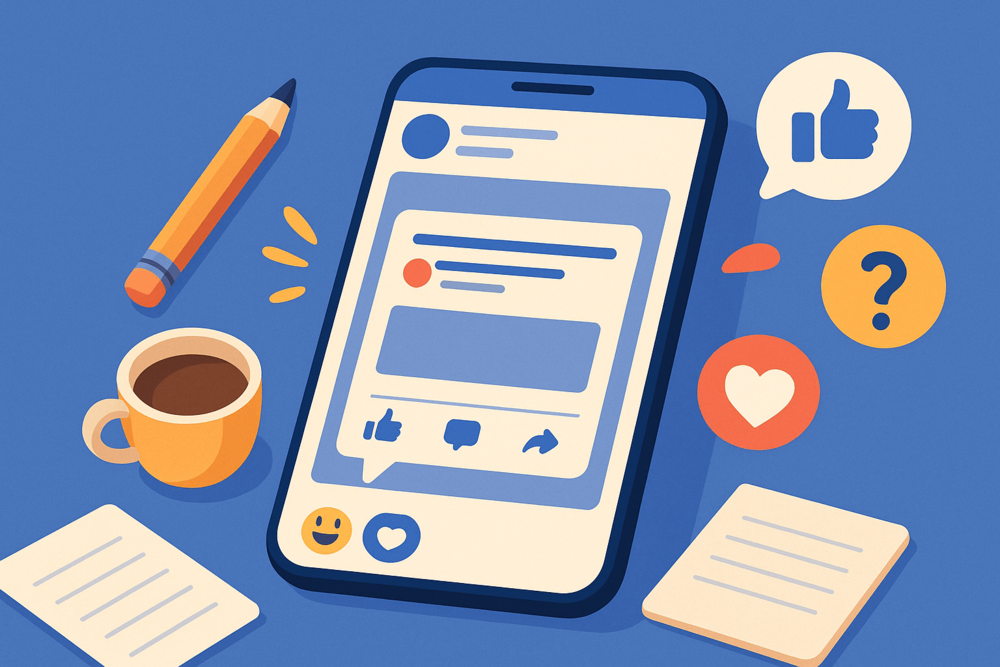 Smartphone displaying a Facebook post surrounded by a pencil, coffee cup, and reaction icons.