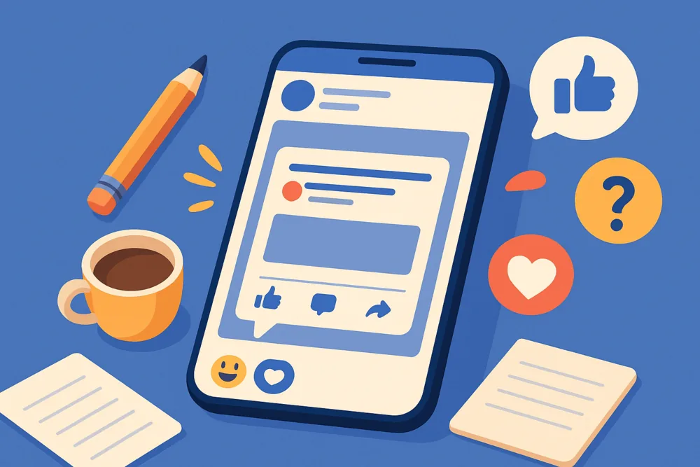 Smartphone displaying a Facebook post surrounded by a pencil, coffee cup, and reaction icons.