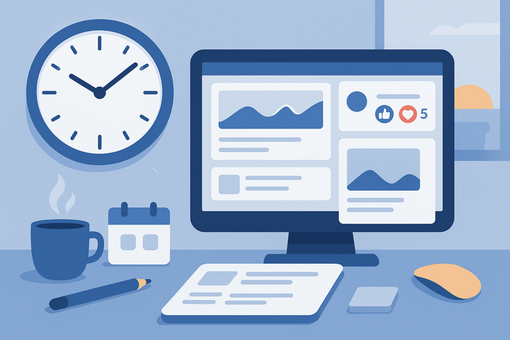 Desk with clock, computer showing Facebook analytics, and a coffee mug beside a calendar.