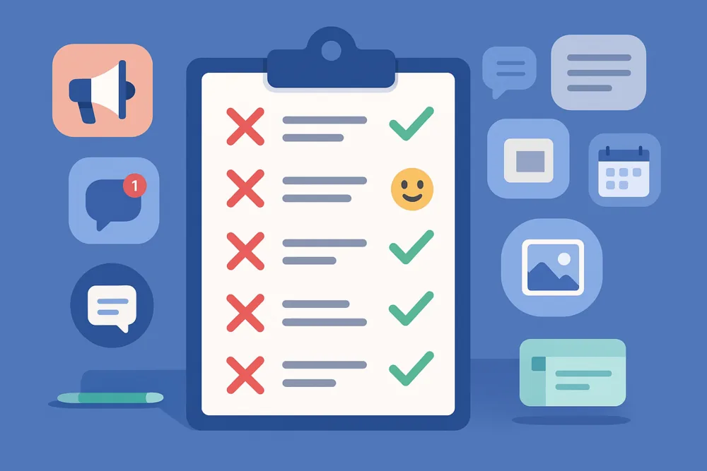 Clipboard with red Xs and green checkmarks, surrounded by social media icons.