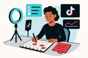 Vector illustration of a content creator planning TikTok posts with a calendar, tripod, and digital tools in TikTok colors.
