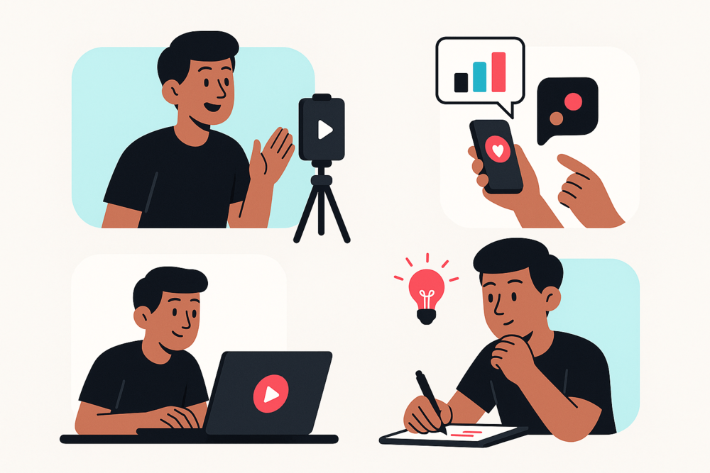 Vector illustration of a creator filming, editing, checking analytics, and brainstorming, showing consistent TikTok activity.