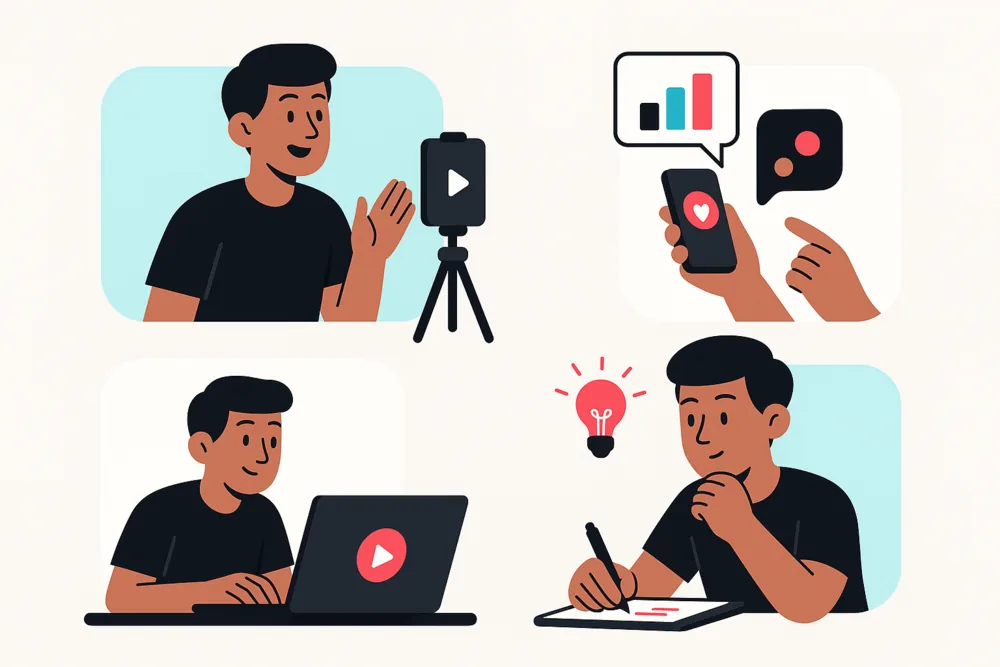 Vector illustration of a creator filming, editing, checking analytics, and brainstorming, showing consistent TikTok activity.