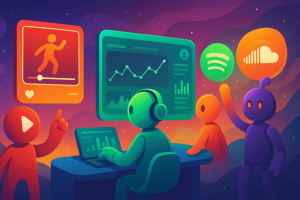 Cartoon characters using data and streaming tools for music promotion.