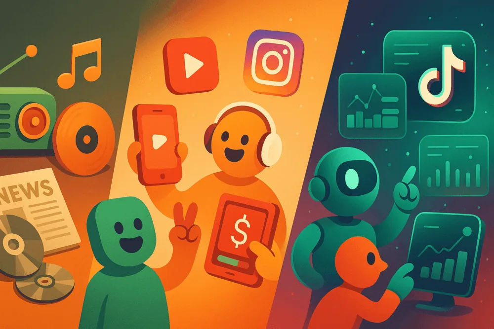 Cartoon characters showing past and modern music promotion tools from radio to TikTok.