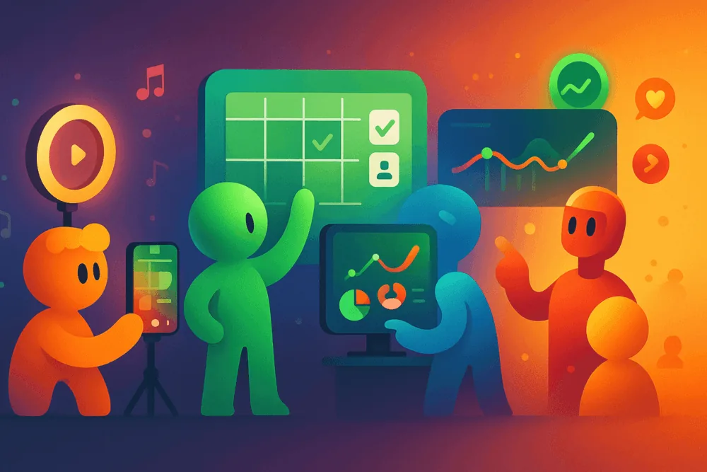 Cartoon characters planning music releases with calendars, data, and short-form video tools.