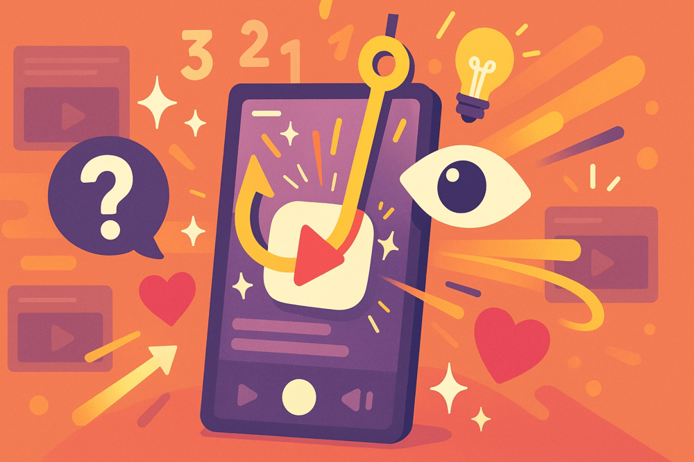 Phone with hook and play icon symbolizing viral TikTok hooks