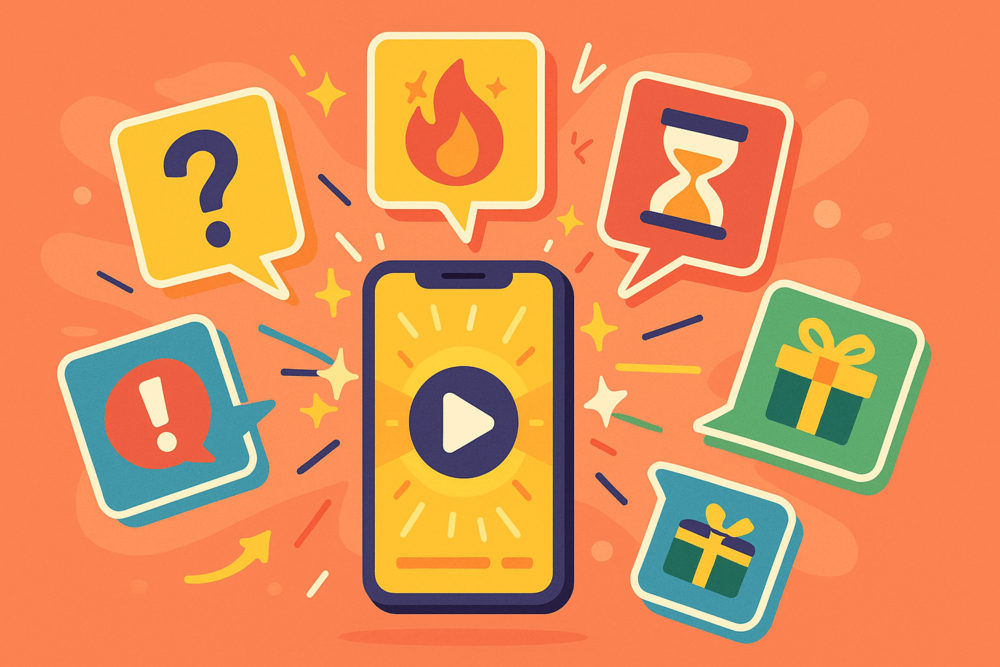 Phone with play icon surrounded by speech bubbles showing gifts, alerts, and countdowns.