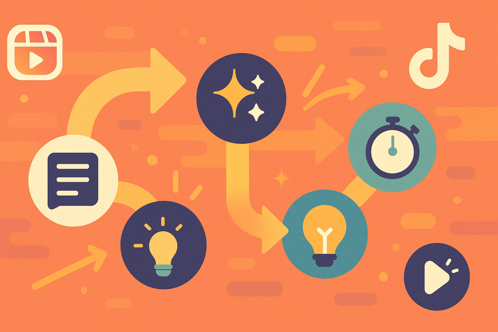 Flowchart with icons showing hook ideas and Reels strategy