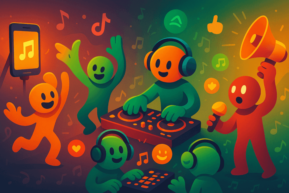 Cartoon characters promoting music with dancing, DJing, and influencer-style content.