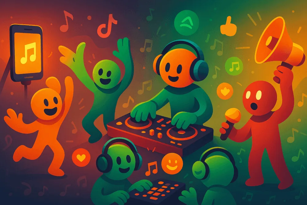 Cartoon characters promoting music with dancing, DJing, and influencer-style content.