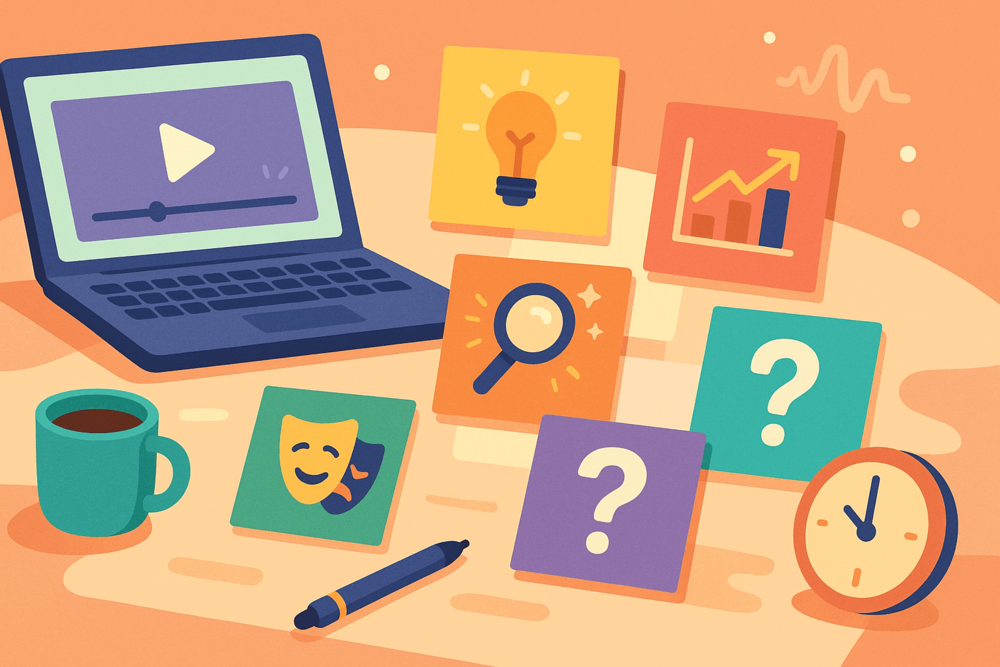 Laptop with video screen surrounded by icons for ideas, trends, timing, and storytelling